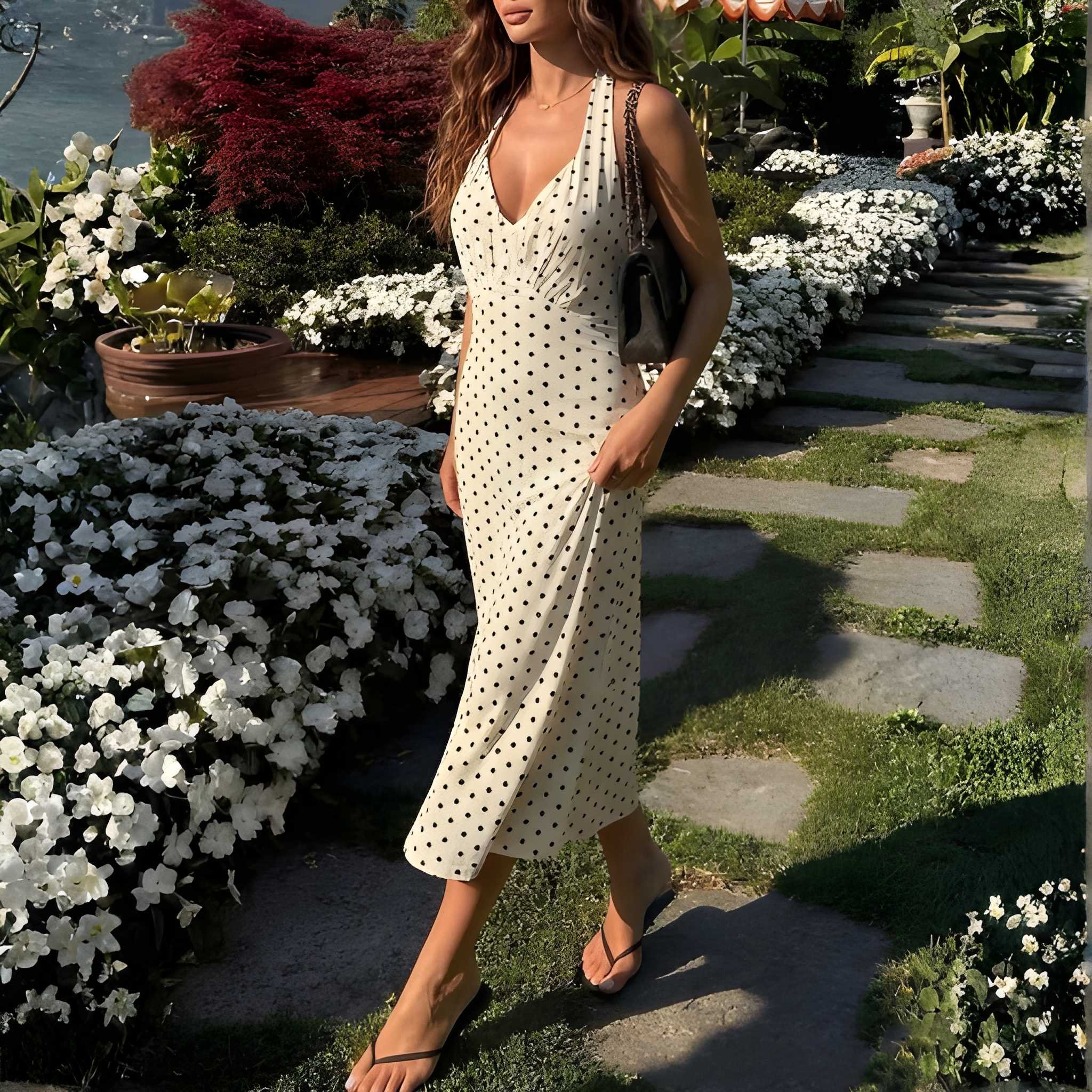 Polka Dot Print Halter Midi Dress With Lace Up Back Detail For Women