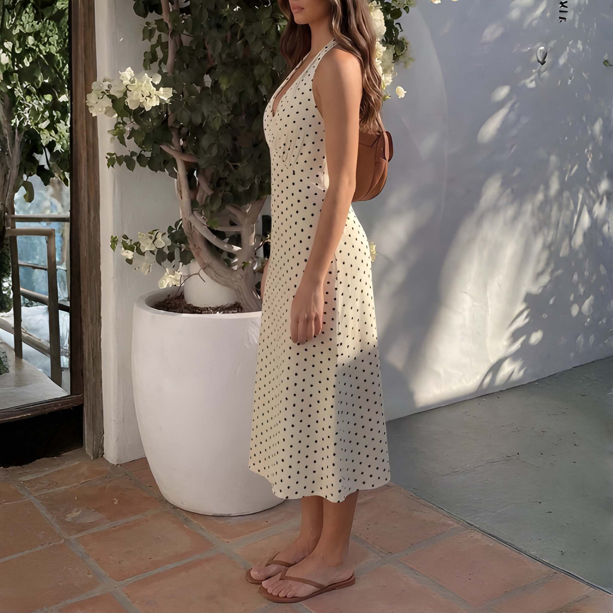 Polka Dot Print Halter Midi Dress With Lace Up Back Detail For Women