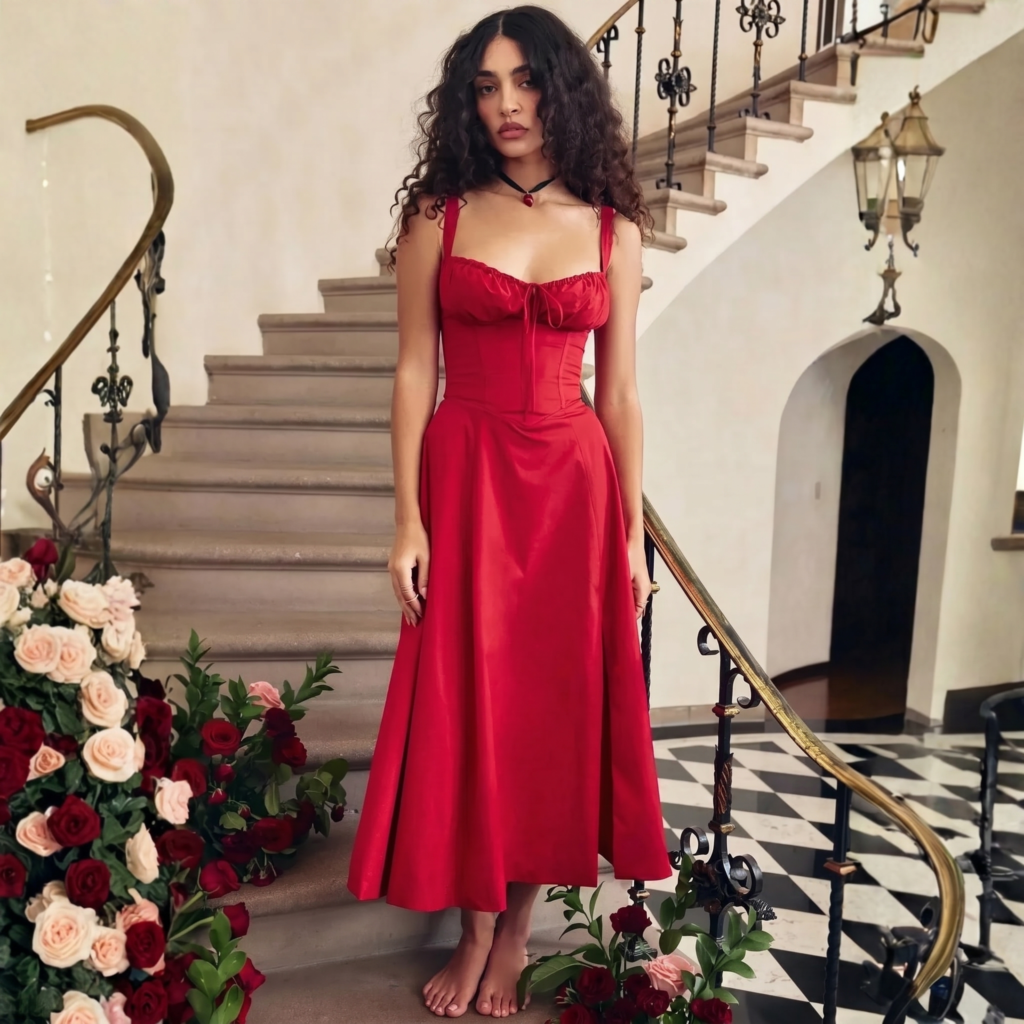 Printed A Line Dress With Spaghetti Straps For Women