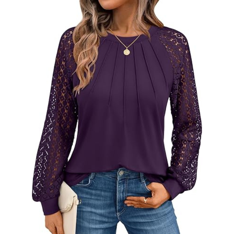 Long Sleeve Tops With Pleated Front And Lace Detail For Women