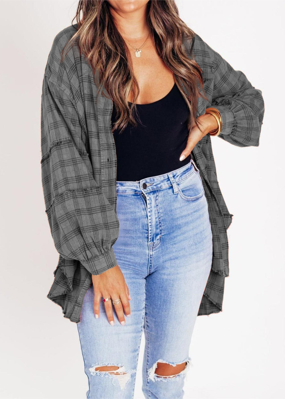 Raw Edge Style Oversized Shirt Jacket With Pockets