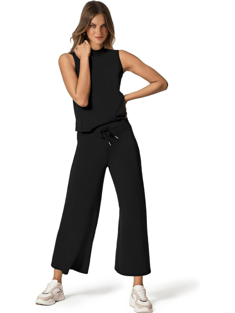 Two Piece Summer Set With Mock Lounge Top And Wide Pants-My Comfy BlouseTwo Piece Summer Set With Mock Lounge Top And Wide Pants - Image 2