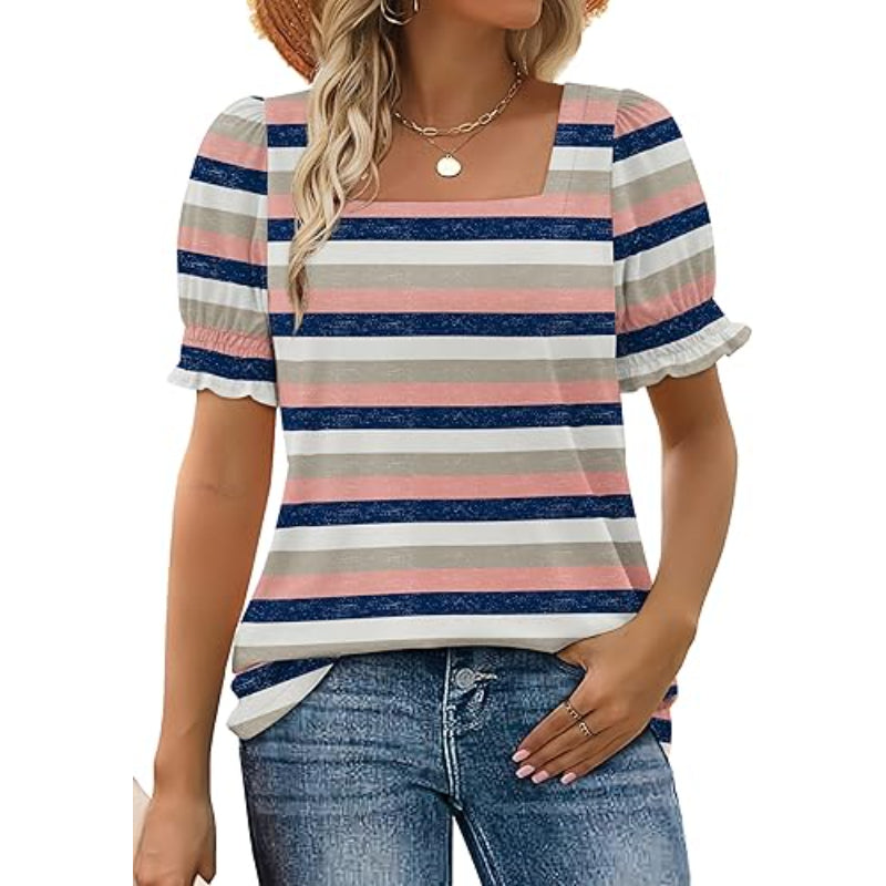 Square Styled Ruffled Short Sleeve Top-My Comfy Blouse