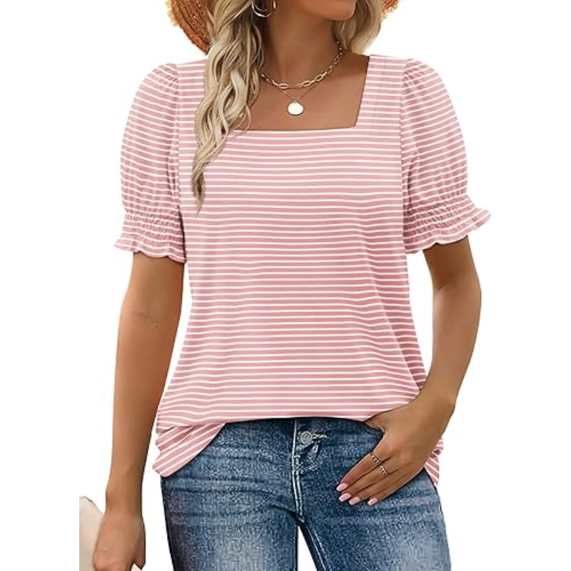 Square Ruffle Sleeve Top With Short Puff Sleeve Summer Tee-My Comfy Blouse