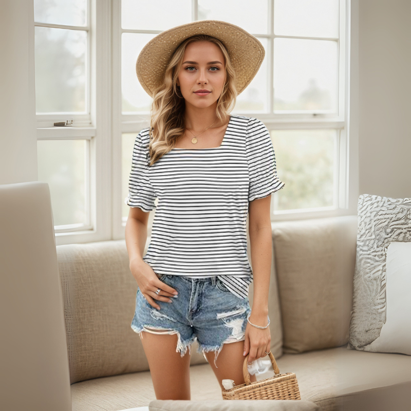Square Ruffle Sleeve Top With Short Puff Sleeve Summer Tee-My Comfy Blouse