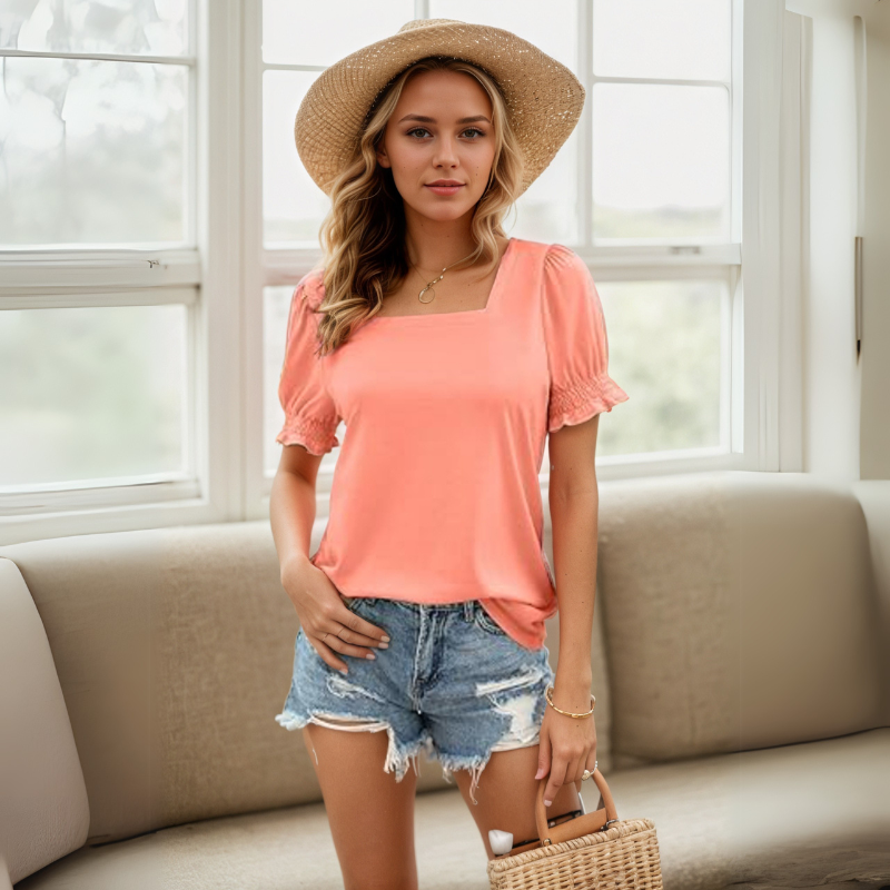Square Ruffle Sleeve Top With Short Puff Sleeve Summer Tee-My Comfy Blouse