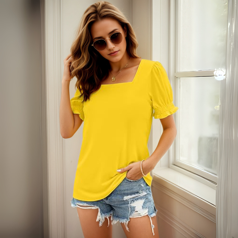 Square Ruffle Sleeve Top With Short Puff Sleeve Summer Tee-My Comfy Blouse