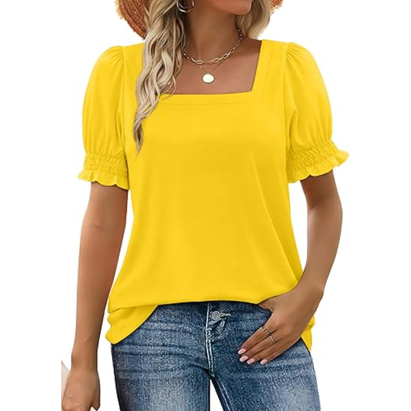 Square Ruffle Sleeve Top With Short Puff Sleeve Summer Tee-My Comfy Blouse