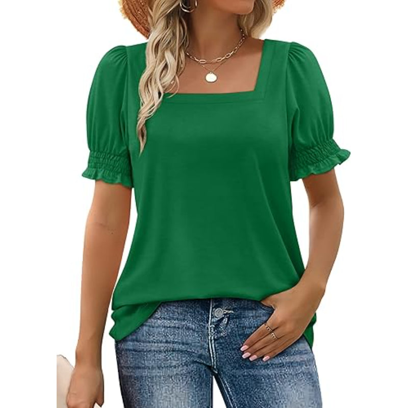 Square Ruffle Sleeve Top With Short Puff Sleeve Summer Tee-My Comfy Blouse