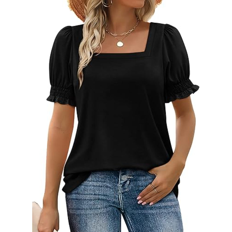 Square Ruffle Sleeve Top With Short Puff Sleeve Summer Tee-My Comfy Blouse