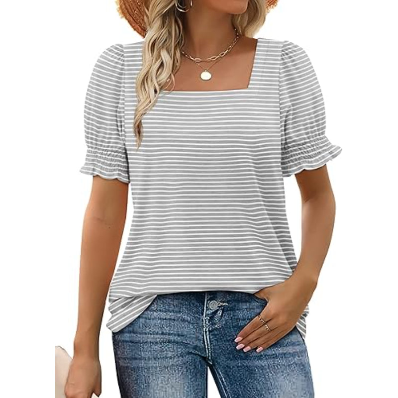 Square Ruffle Sleeve Top With Short Puff Sleeve Summer Tee-My Comfy Blouse