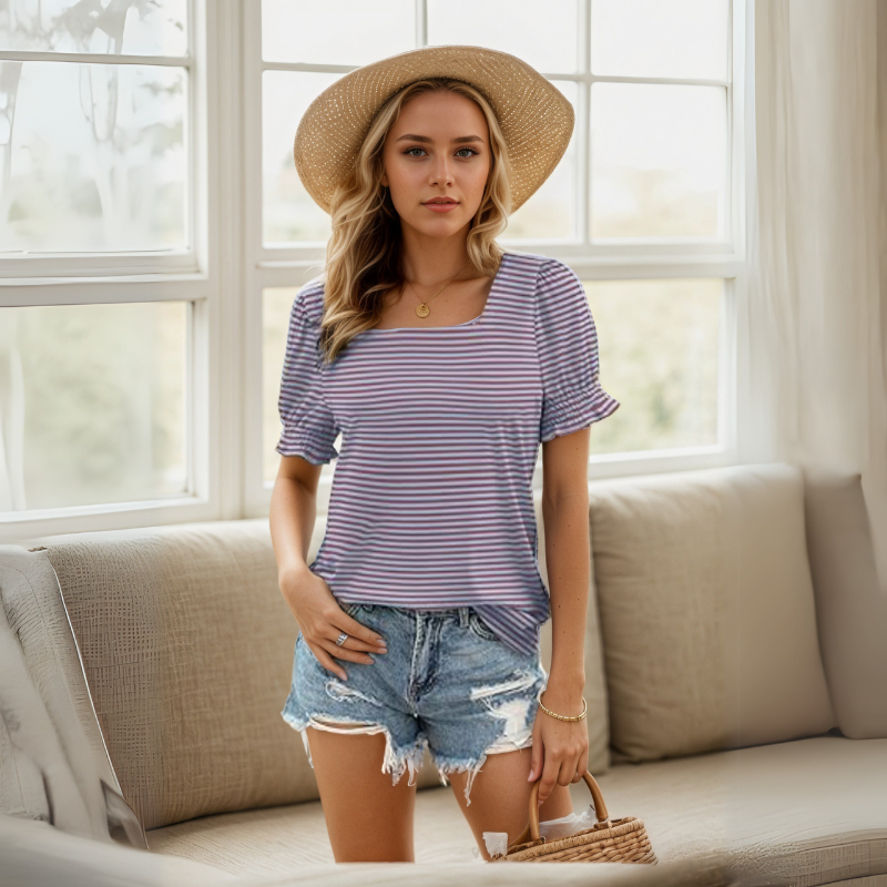 Square Ruffle Sleeve Top With Short Puff Sleeve Summer Tee-My Comfy Blouse