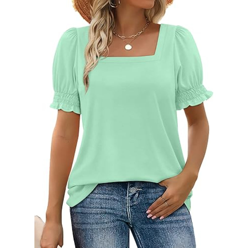 Square Ruffle Sleeve Top With Short Puff Sleeve Summer Tee-My Comfy Blouse