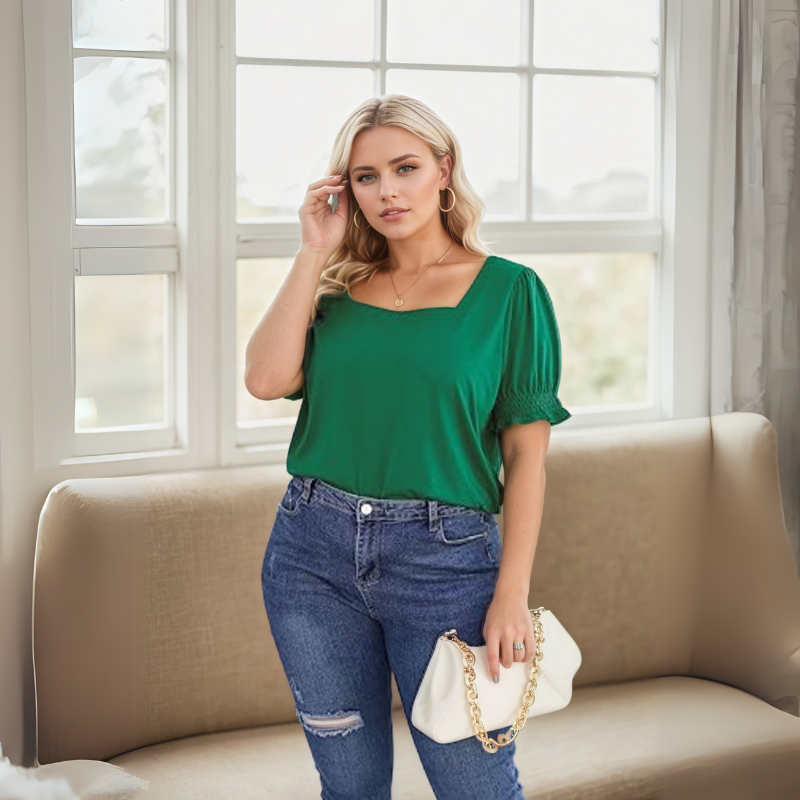 Square Ruffle Sleeve Top With Short Puff Sleeve Summer Tee-My Comfy Blouse