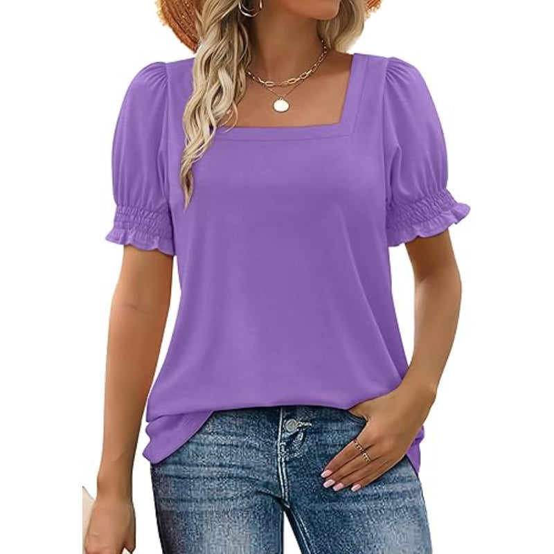 Square Ruffle Top With Trim Sleeve Top Short Puff Sleeve Tee-My Comfy Blouse