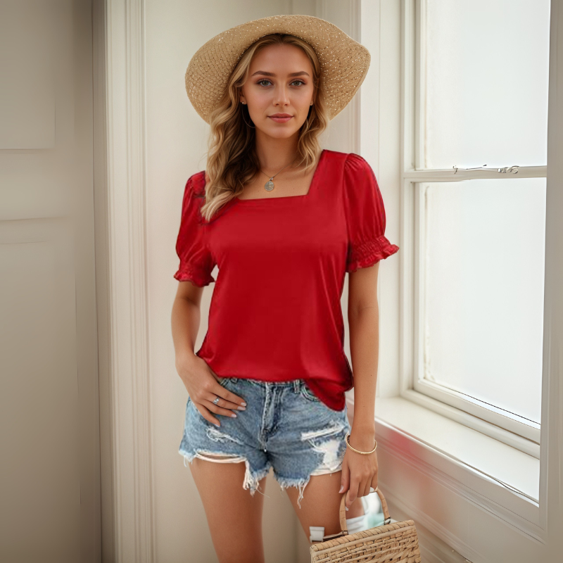 Square Ruffle Top With Trim Sleeve Top Short Puff Sleeve Tee-My Comfy Blouse