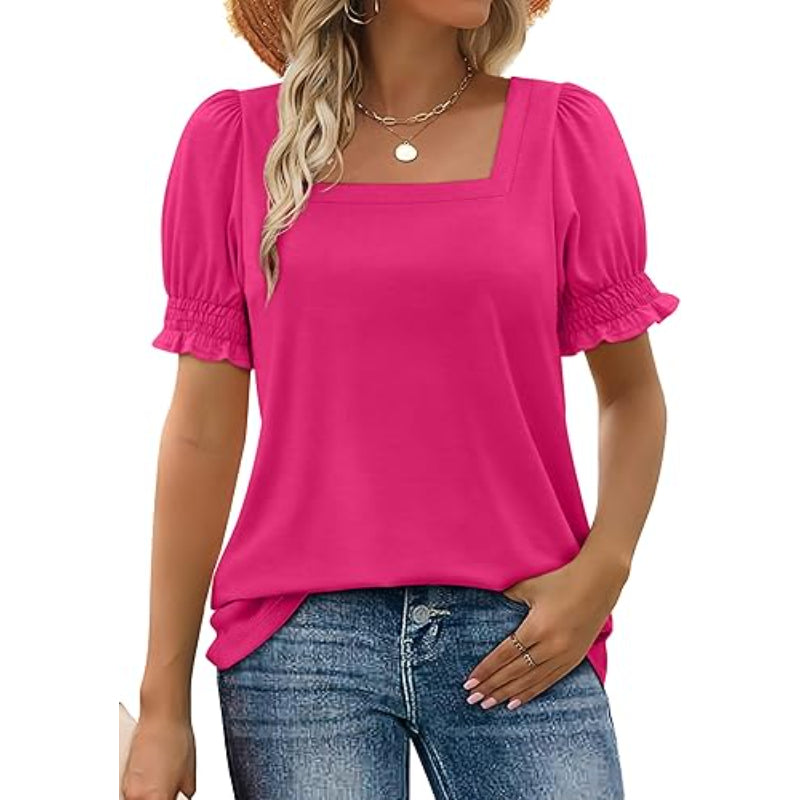 Square Ruffle Top With Trim Sleeve Top Short Puff Sleeve Tee-My Comfy Blouse