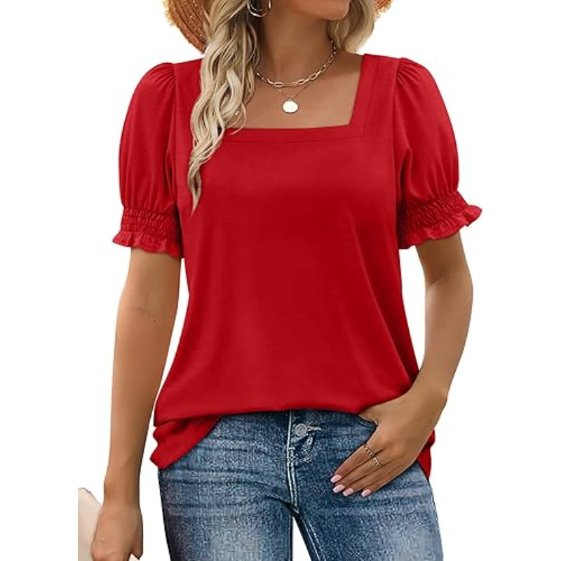 Square Ruffle Top With Trim Sleeve Top Short Puff Sleeve Tee-My Comfy Blouse