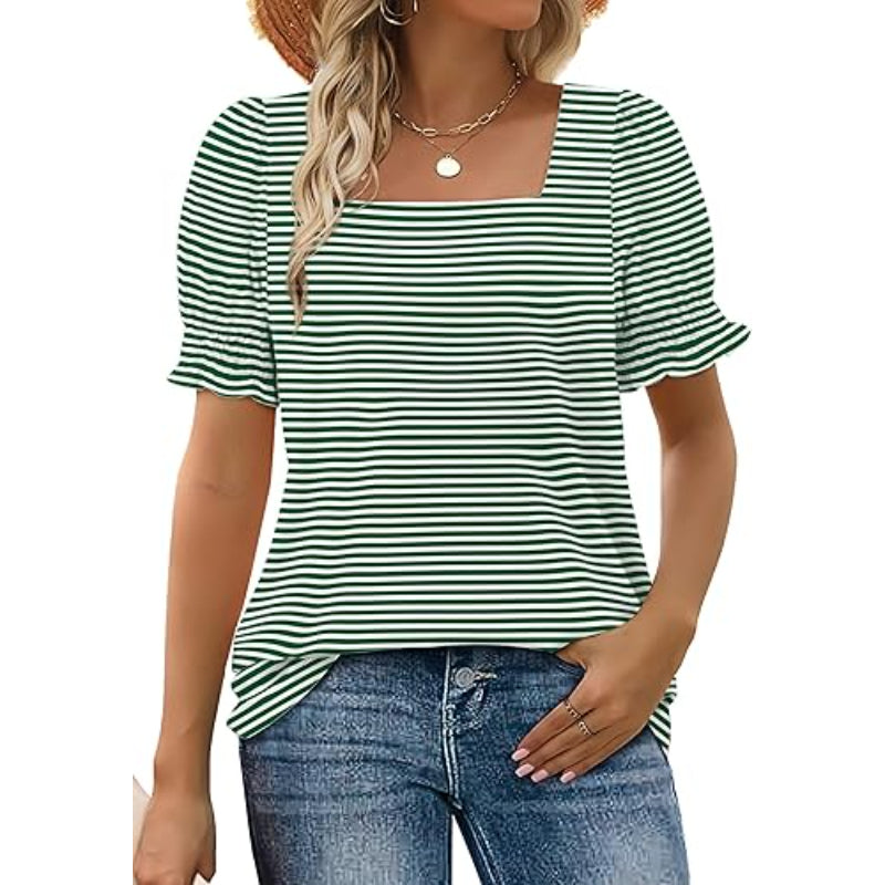 Square Ruffle Top With Trim Sleeve Top Short Puff Sleeve Tee-My Comfy Blouse