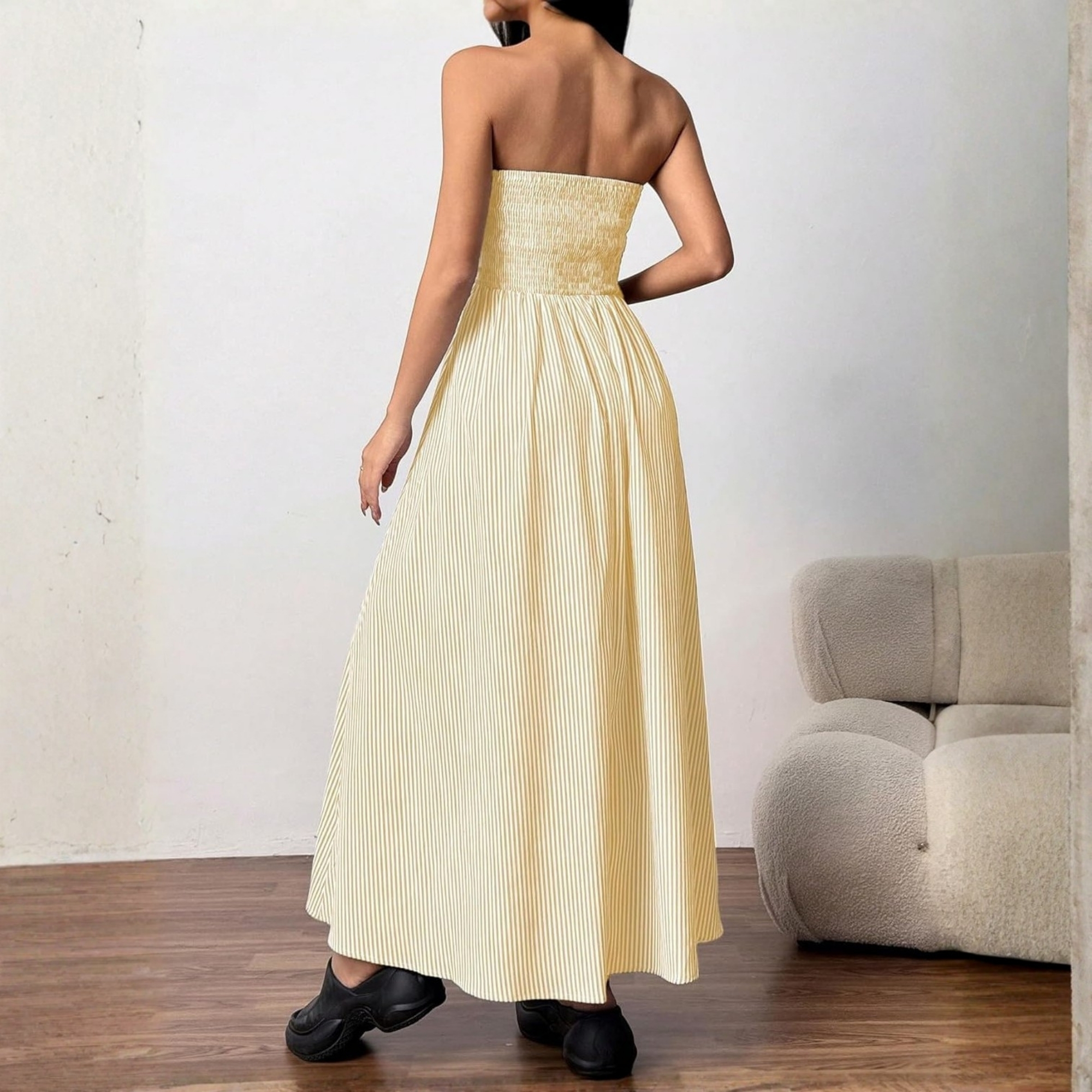 Striped Strapless Maxi Dress With Pockets