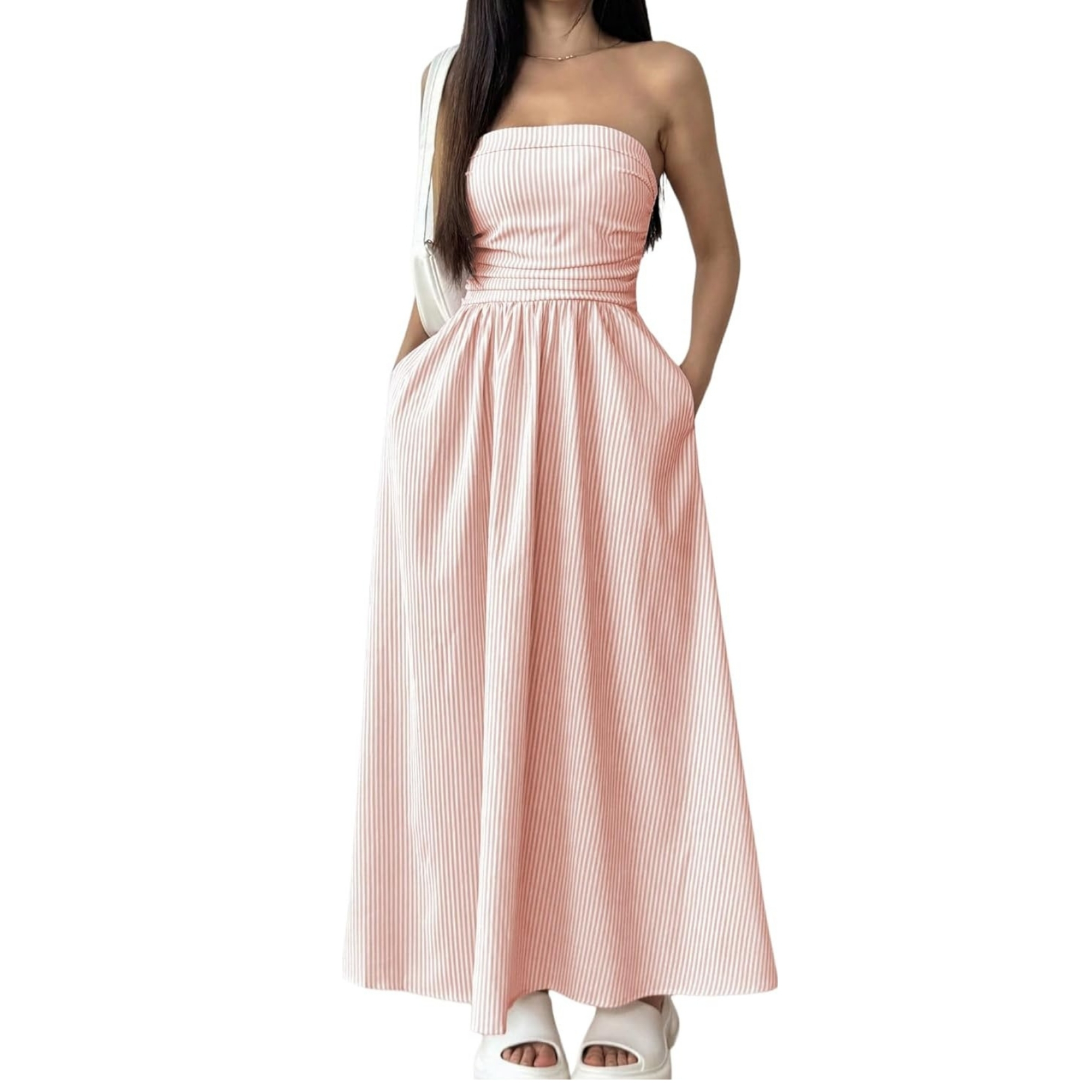 Striped Strapless Maxi Dress With Pockets