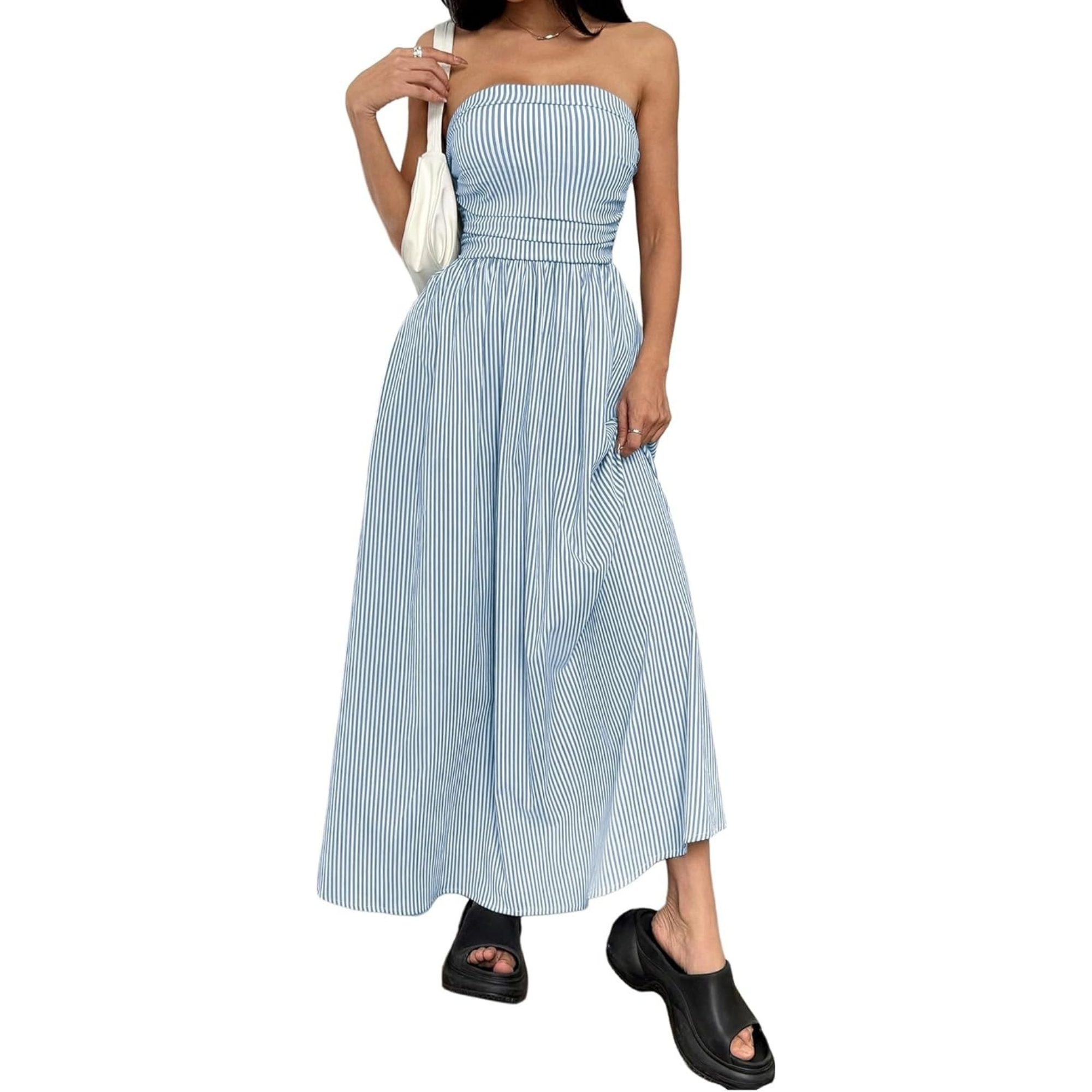 Striped Strapless Maxi Dress With Pockets