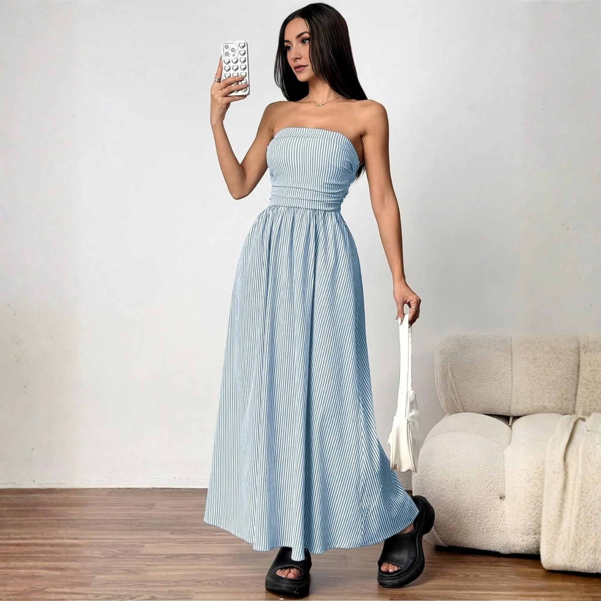 Striped Strapless Maxi Dress With Pockets