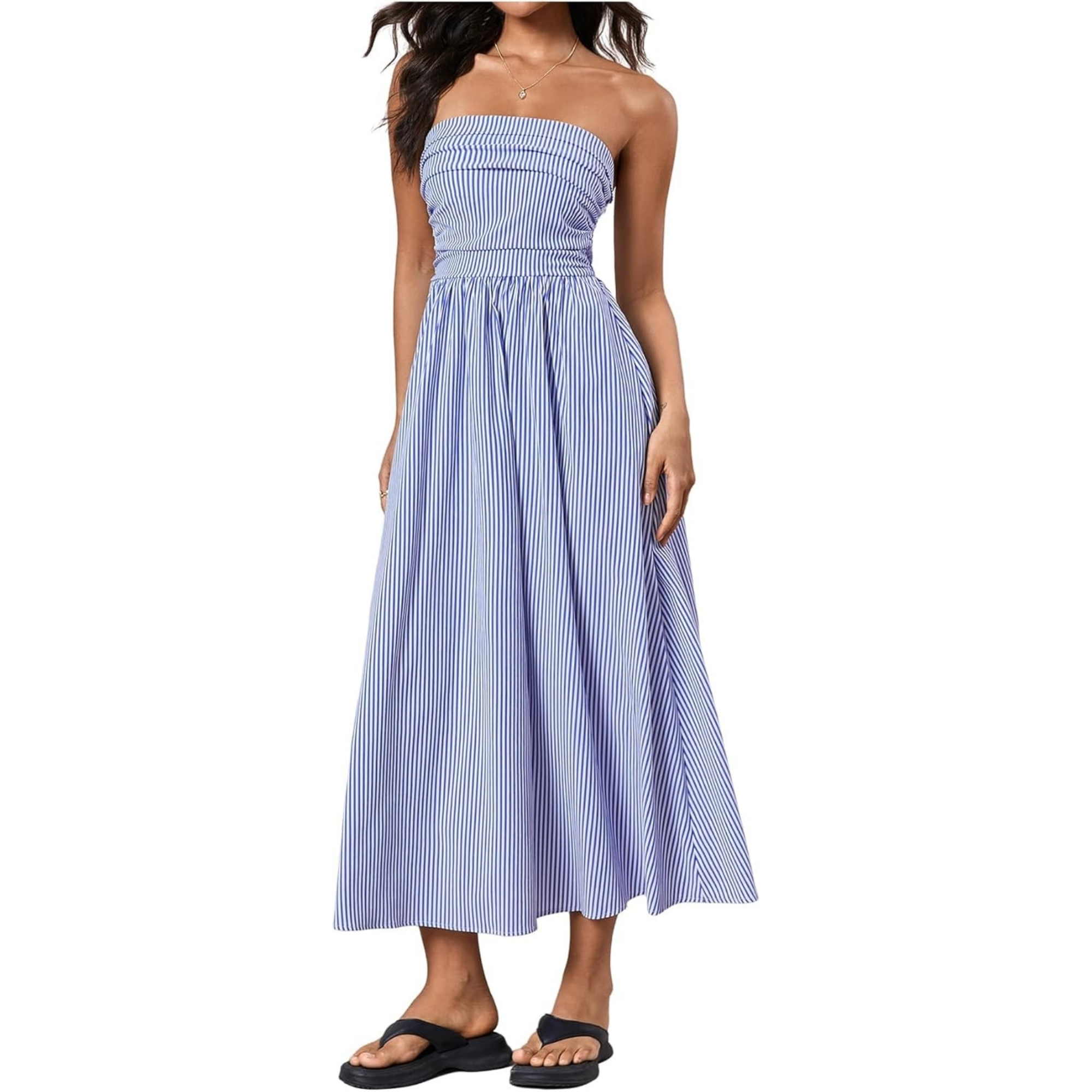 Striped Strapless Maxi Dress With Pockets