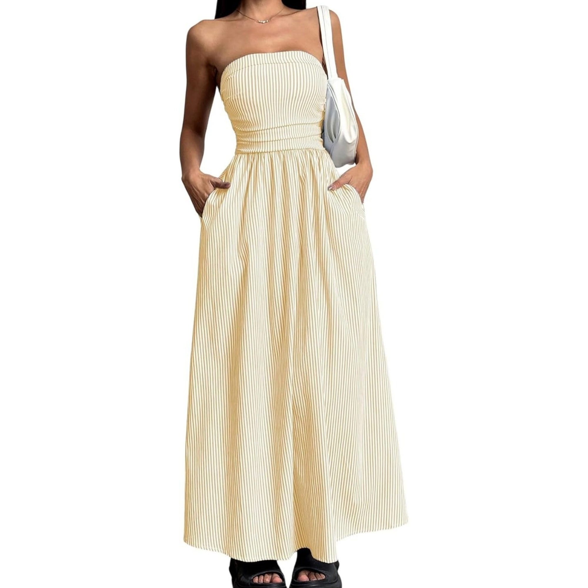 Striped Strapless Maxi Dress With Pockets