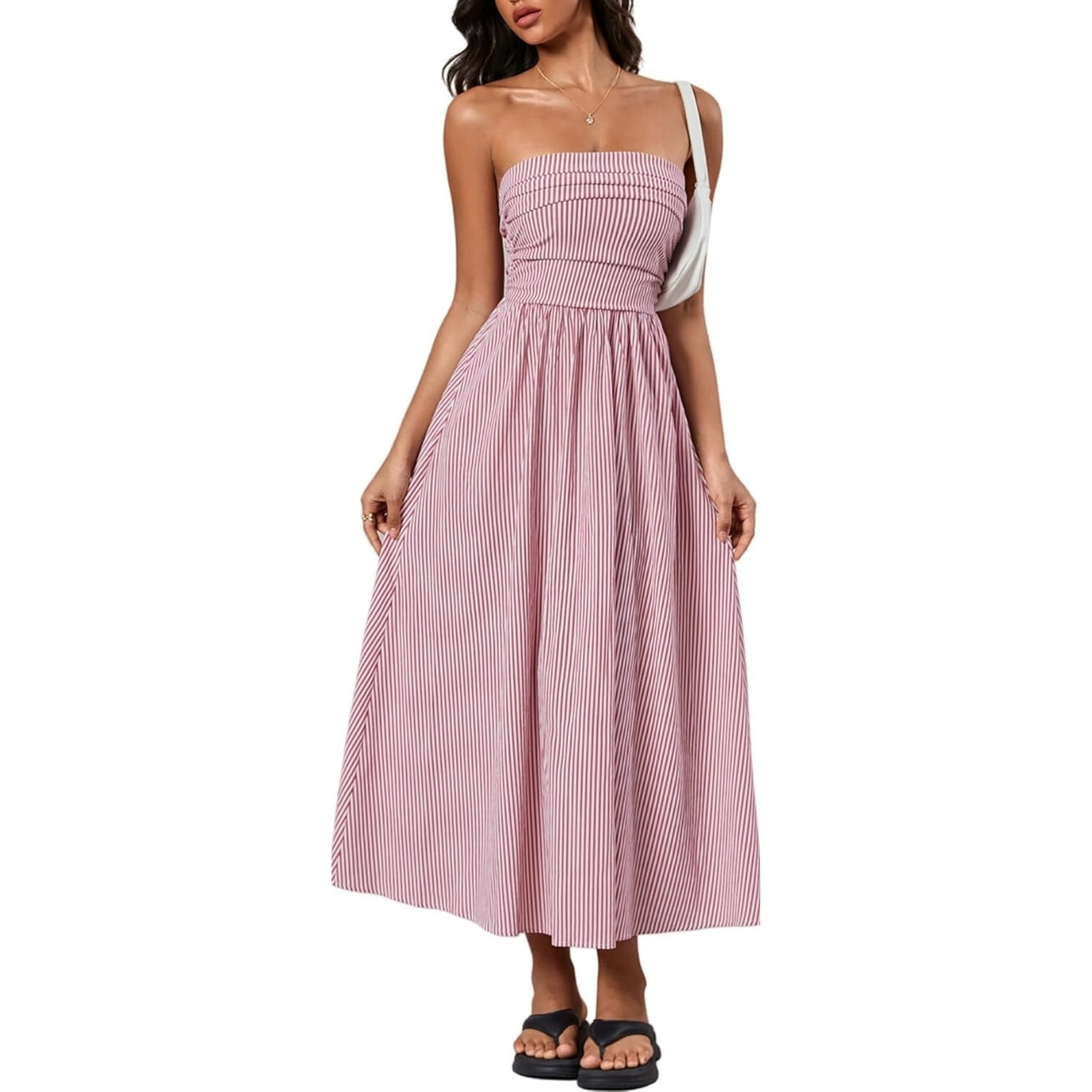 Striped Strapless Maxi Dress With Pockets