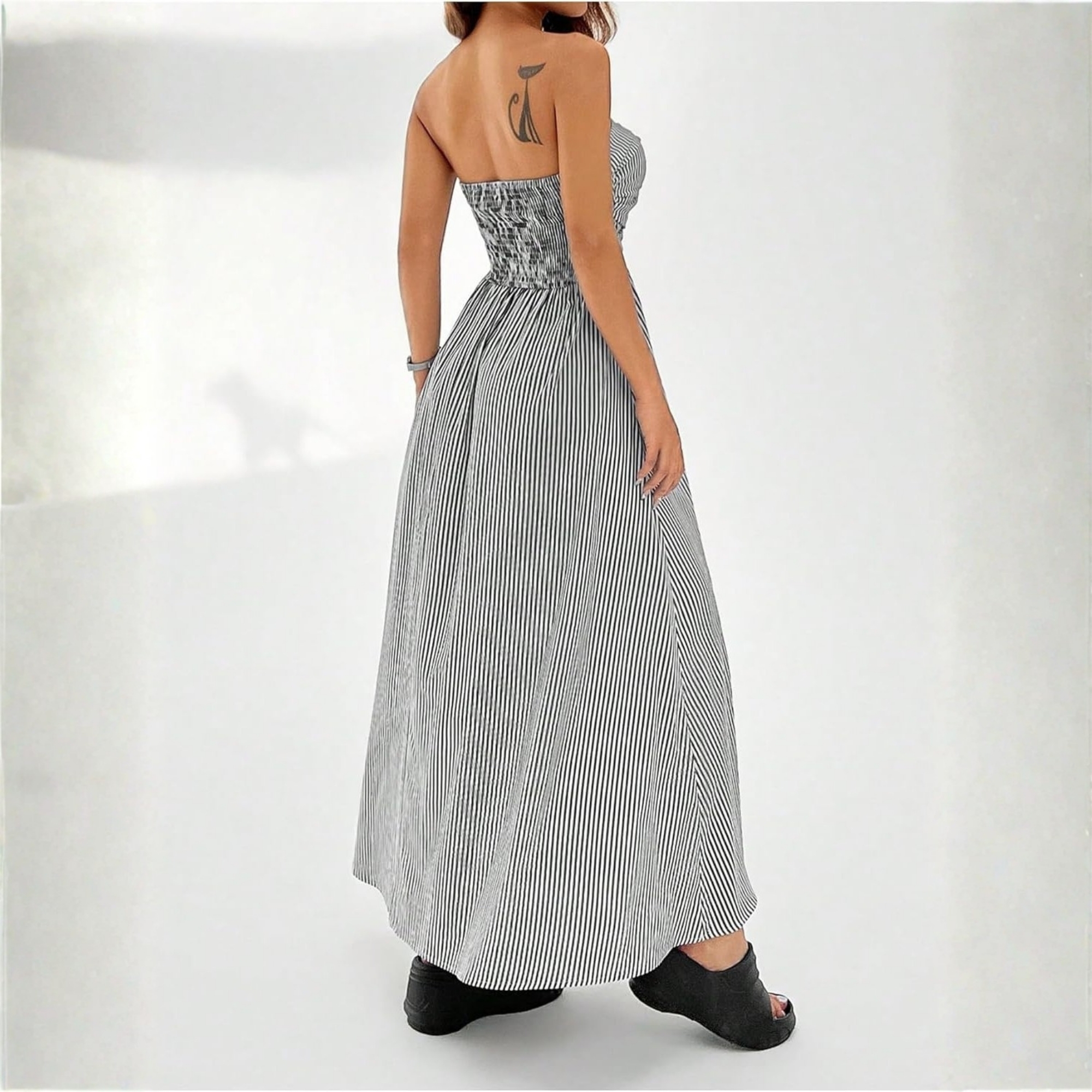 Striped Strapless Maxi Dress With Pockets