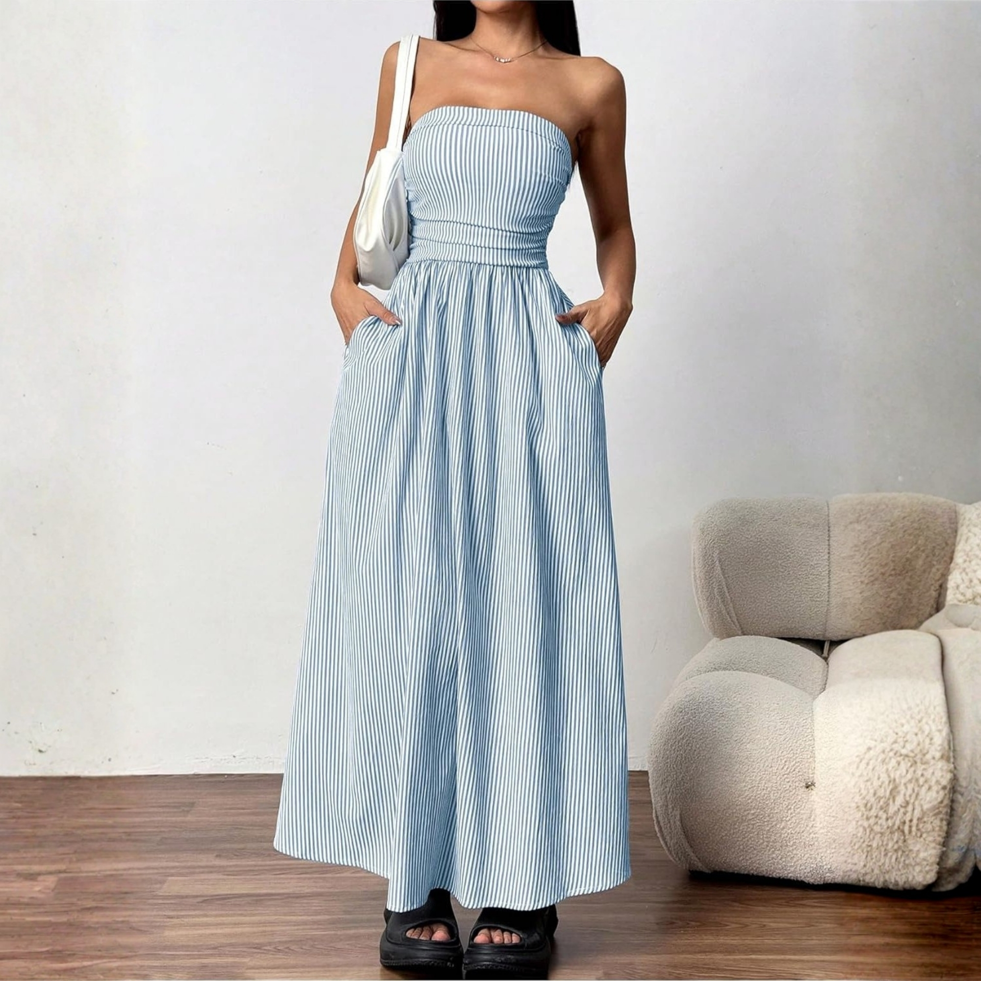 Striped Strapless Maxi Dress With Pockets