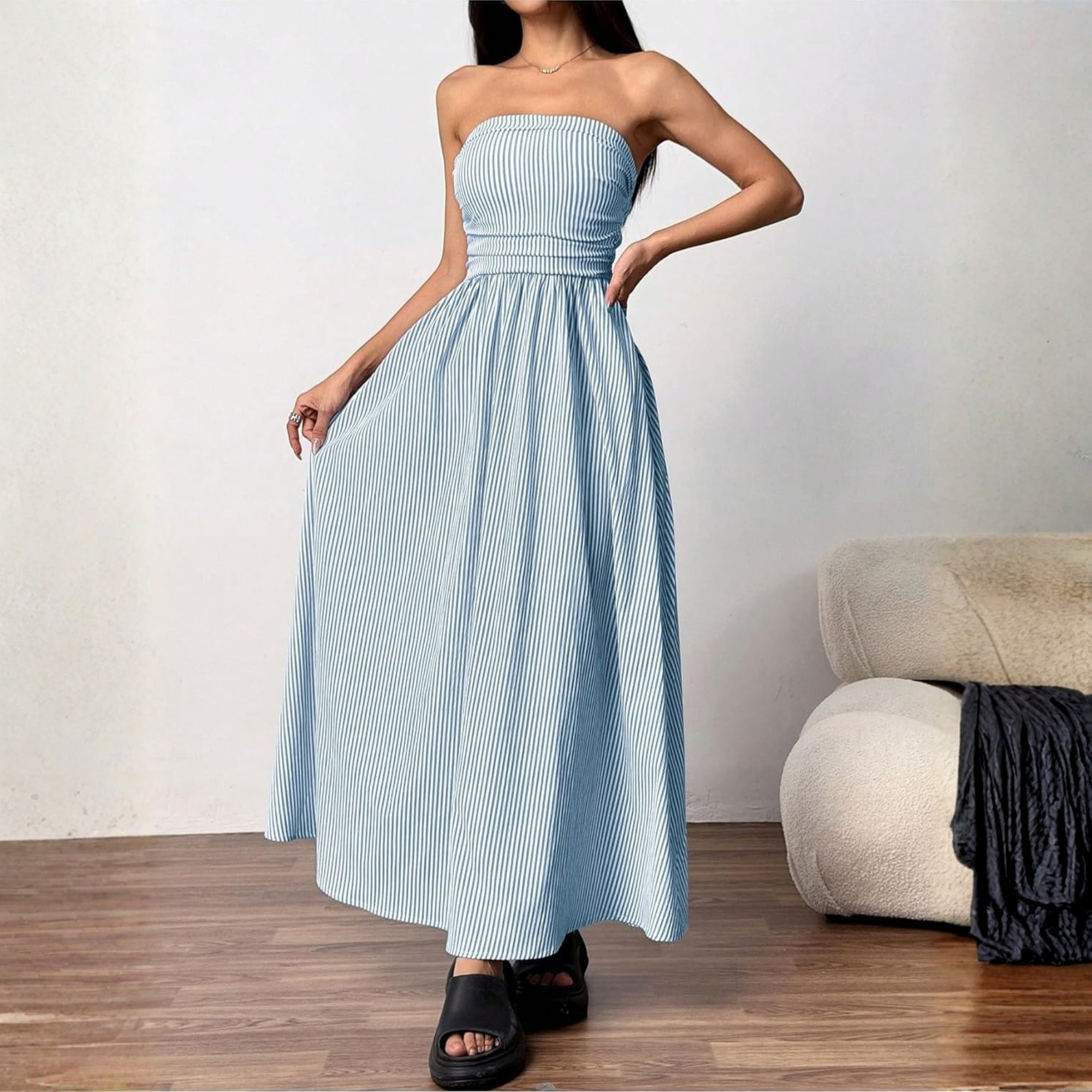 Striped Strapless Maxi Dress With Pockets