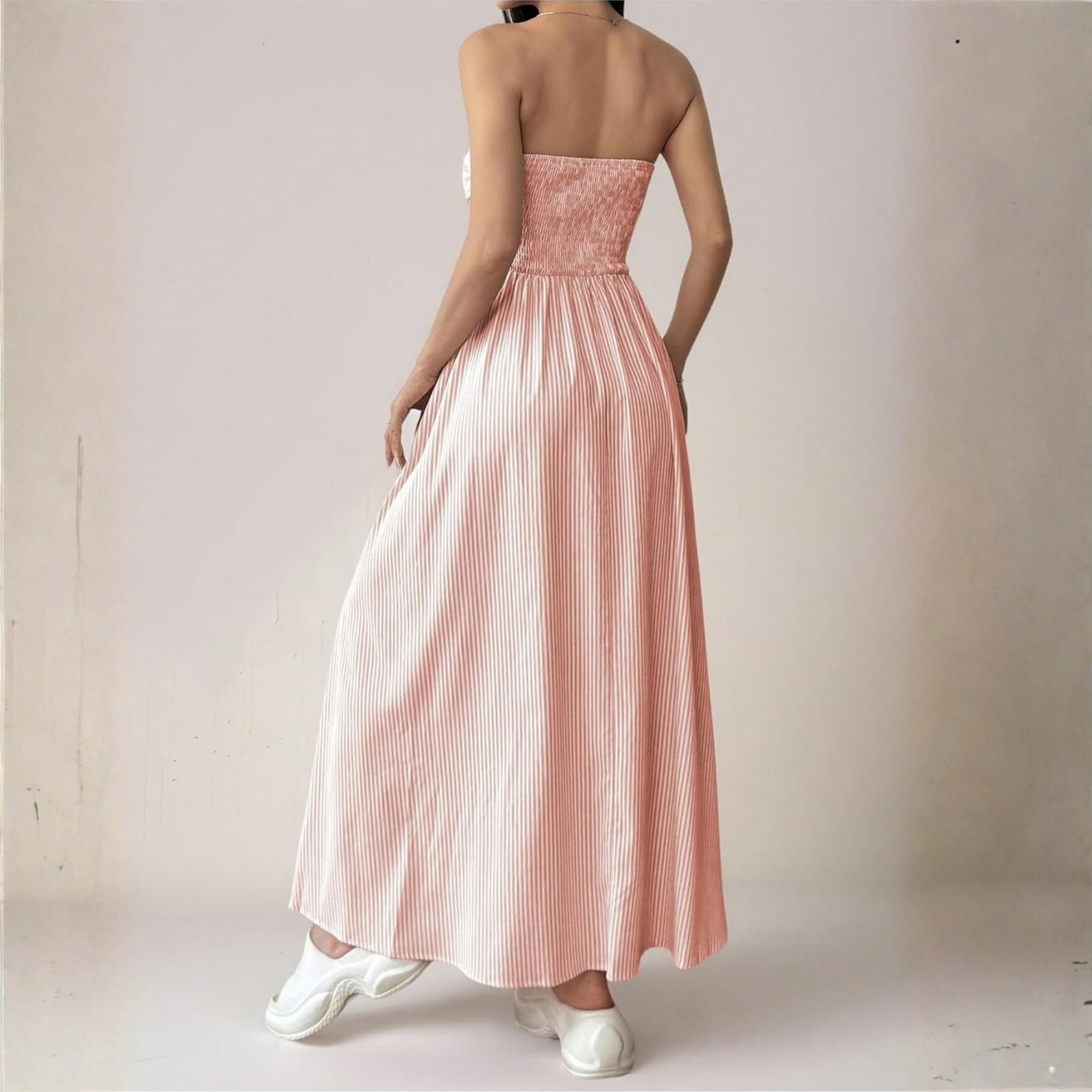 Striped Strapless Maxi Dress With Pockets