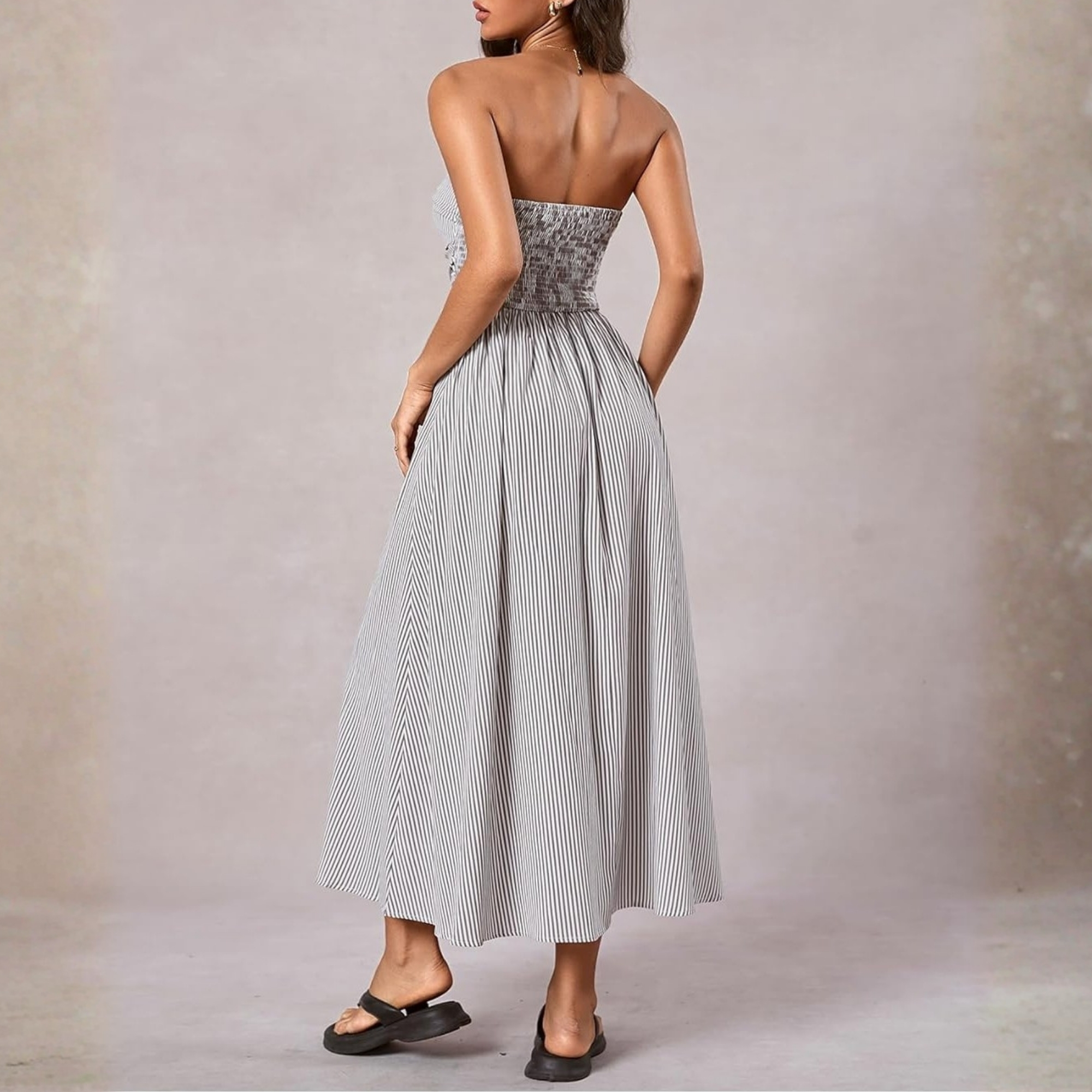 Striped Strapless Maxi Dress With Pockets