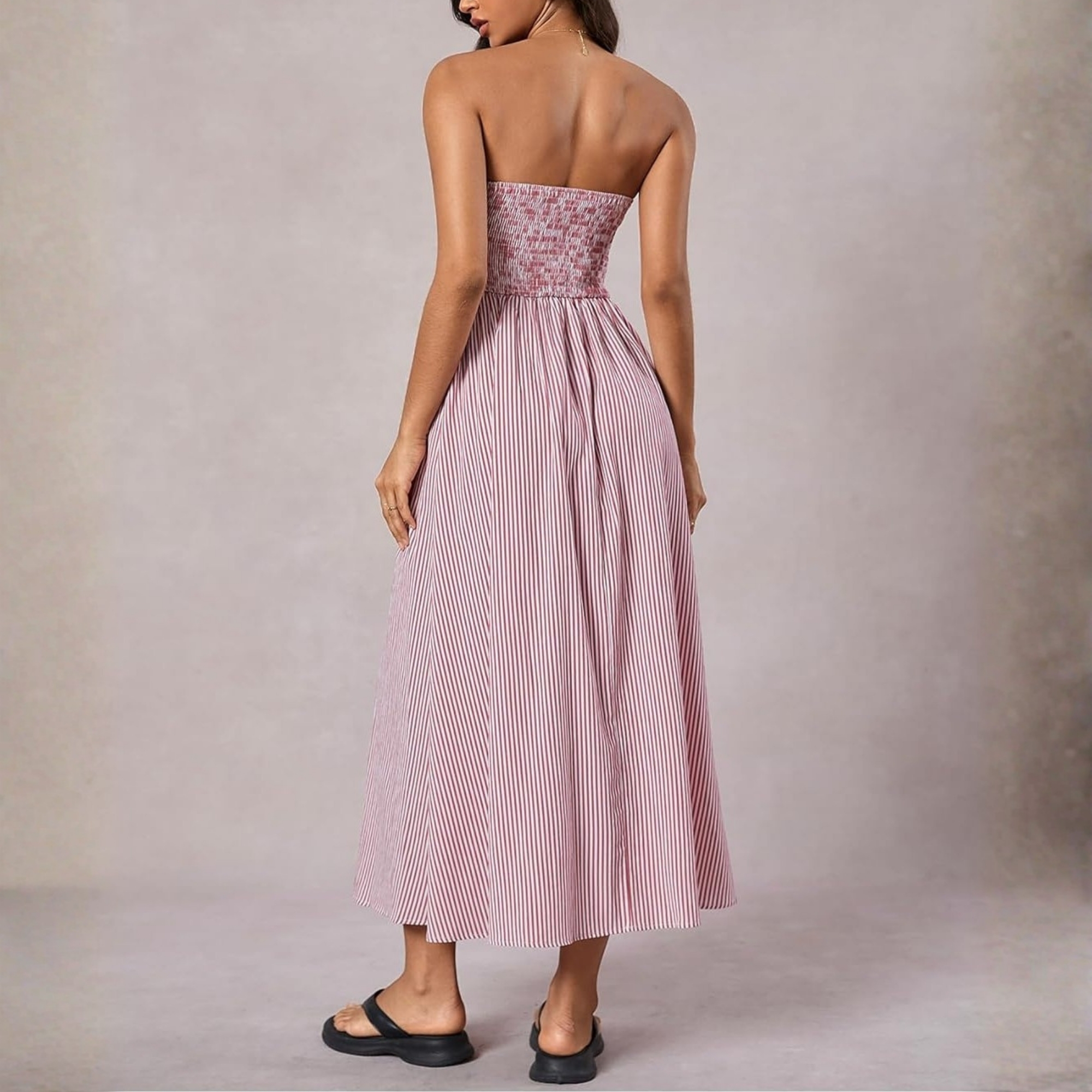 Striped Strapless Maxi Dress With Pockets