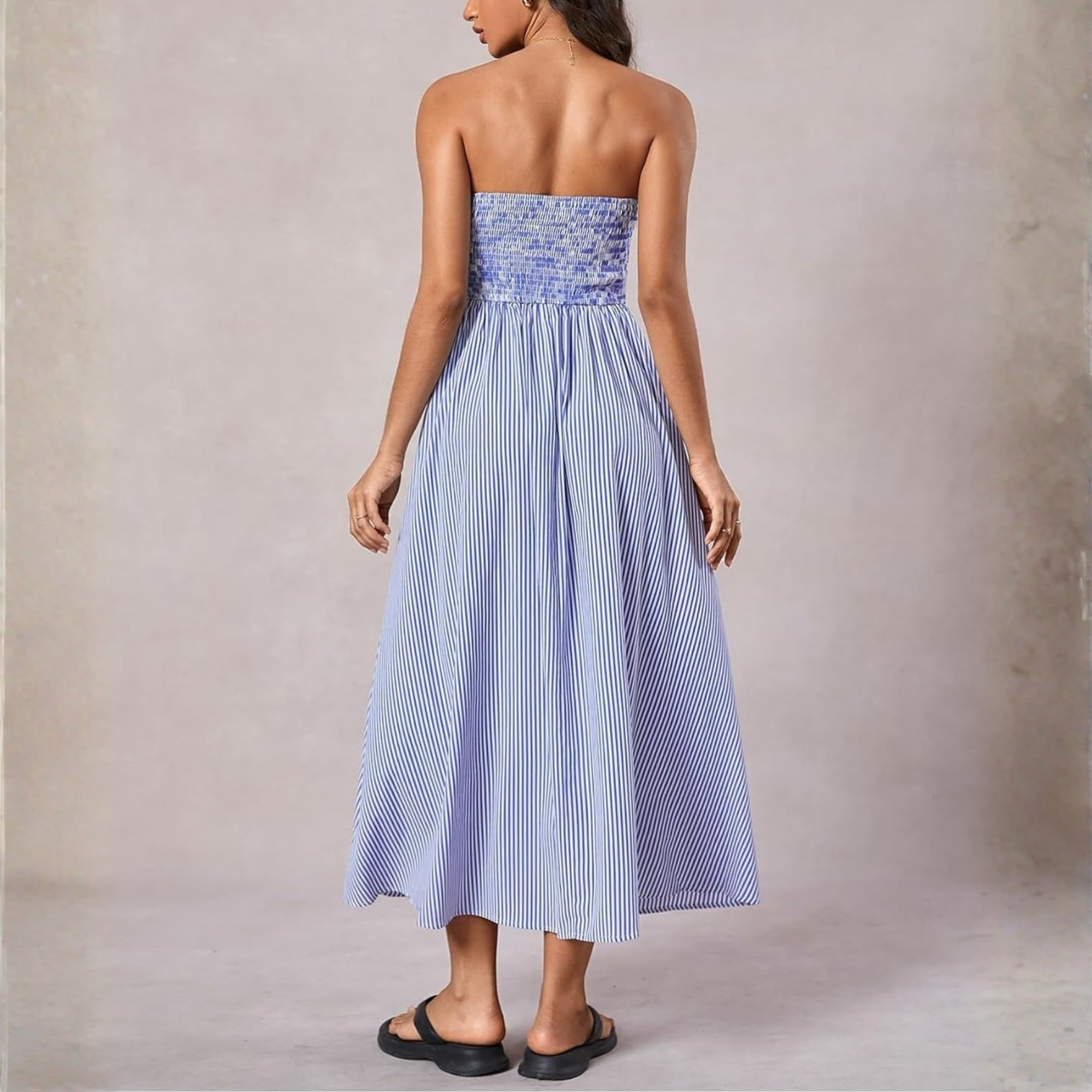 Striped Strapless Maxi Dress With Pockets