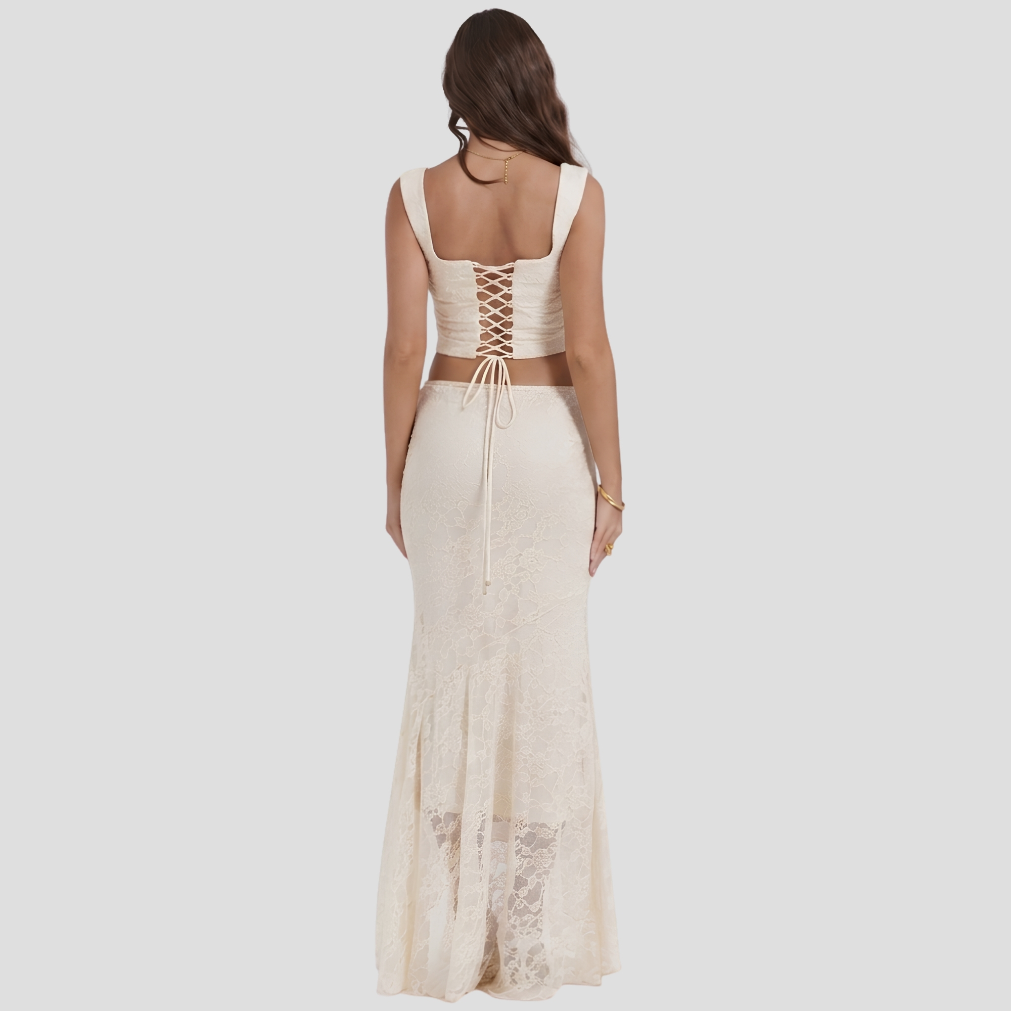 Summer Lace Trim Top And Mermaid Maxi Skirt Two Piece Set For Women