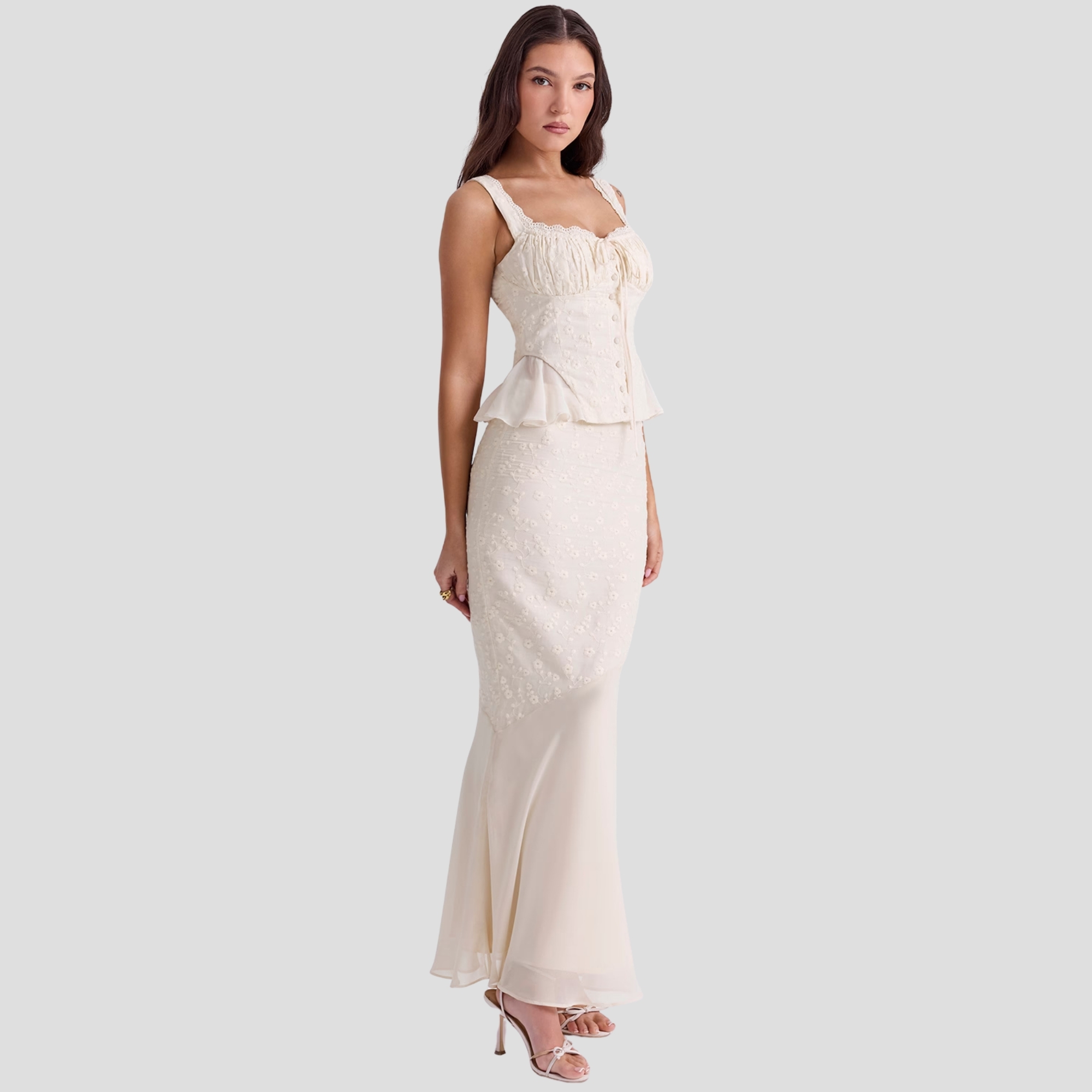 Summer Lace Trim Top And Mermaid Maxi Skirt Two Piece Set For Women