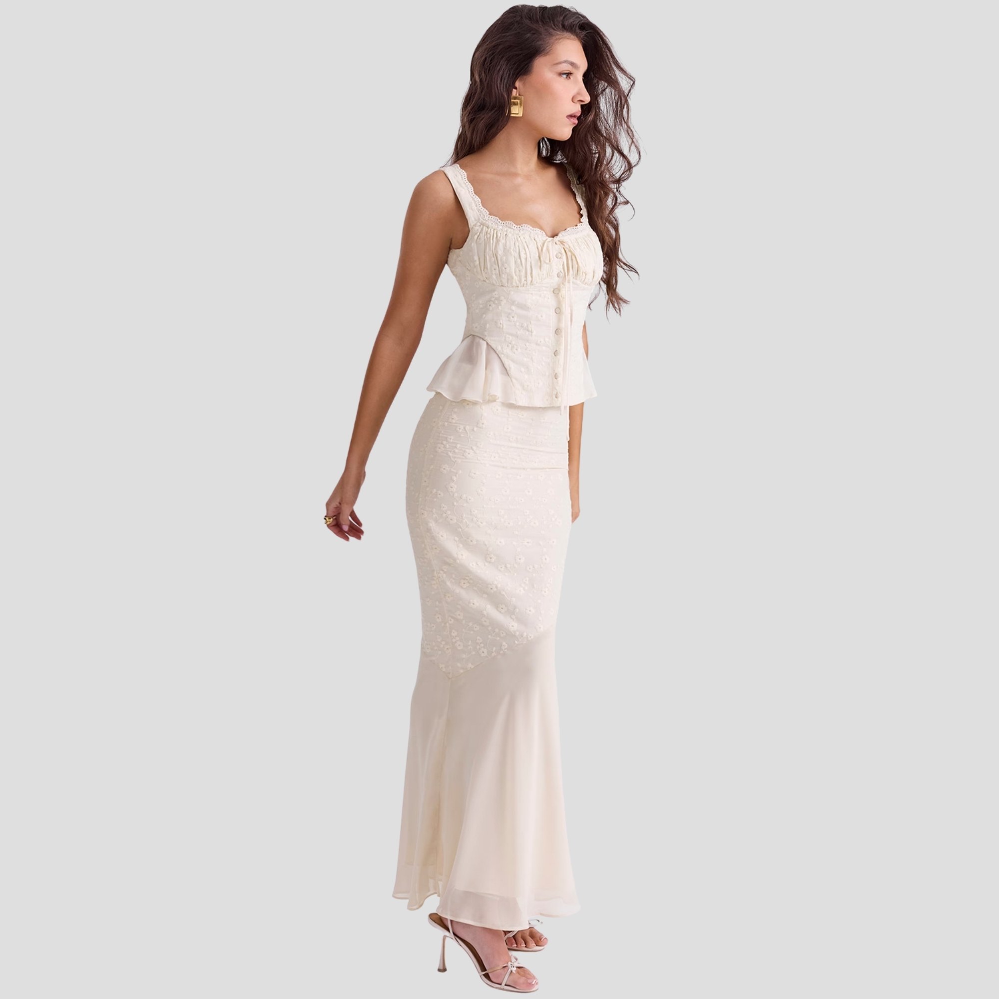 Summer Lace Trim Top And Mermaid Maxi Skirt Two Piece Set For Women