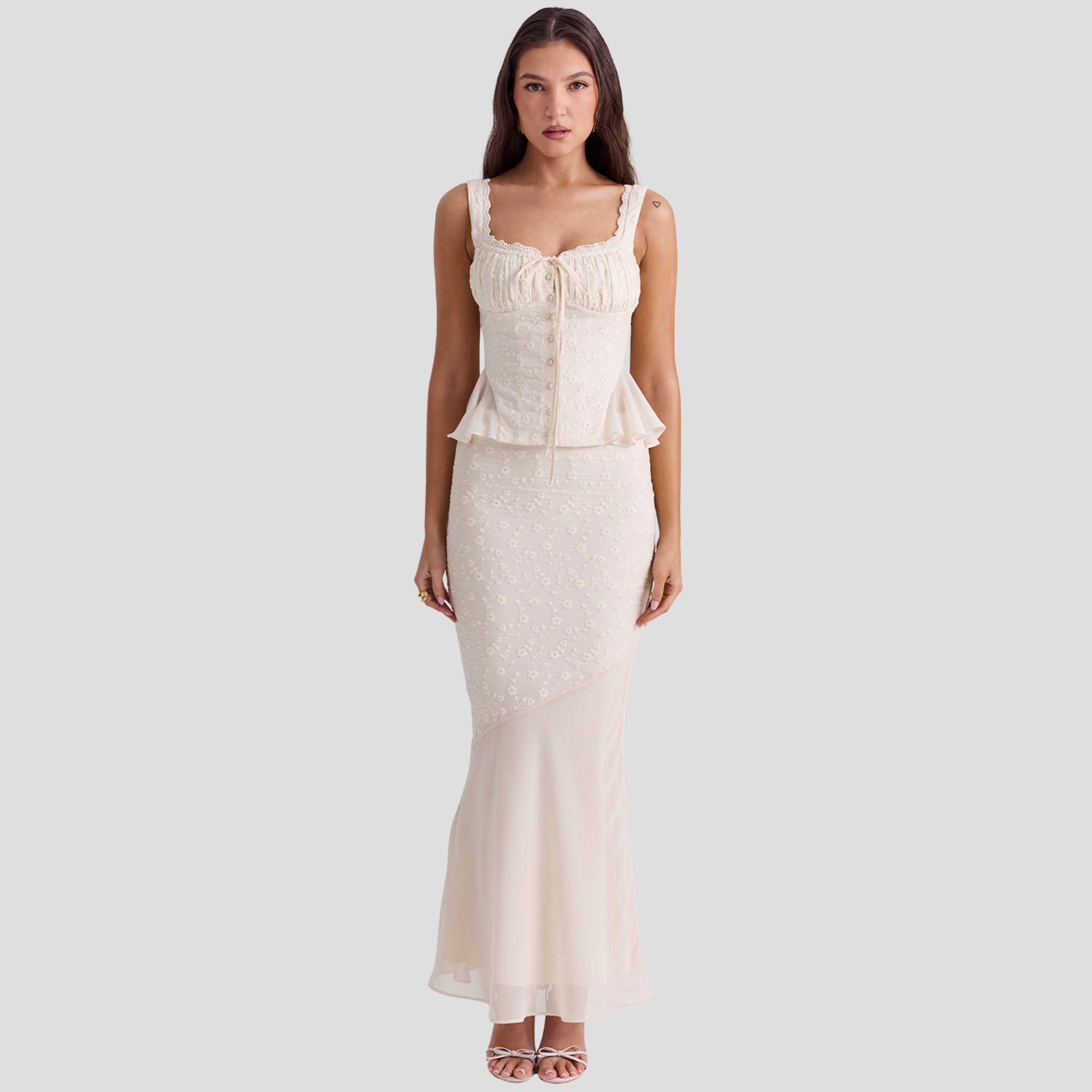 Summer Lace Trim Top And Mermaid Maxi Skirt Two Piece Set For Women