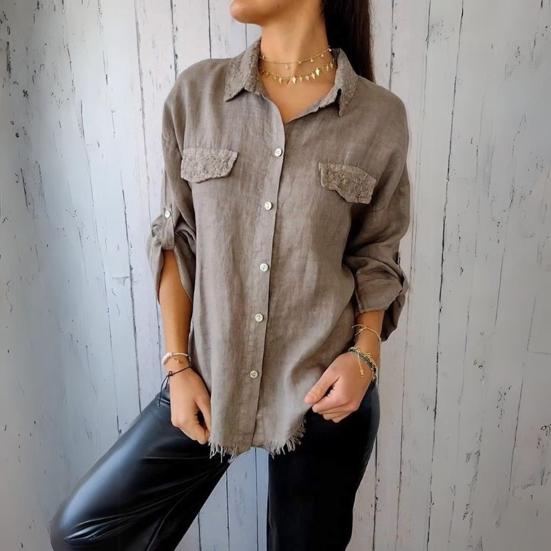 Tassel Lapel Linen Shirt-My Comfy Blouse