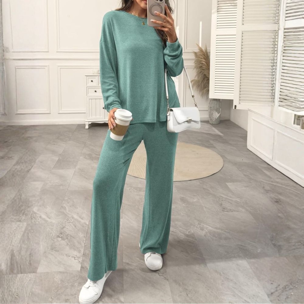 Womens Lounge Set 2025 Fall 2 Piece Outfits Long Sleeve Tops Wide Leg Long Pants