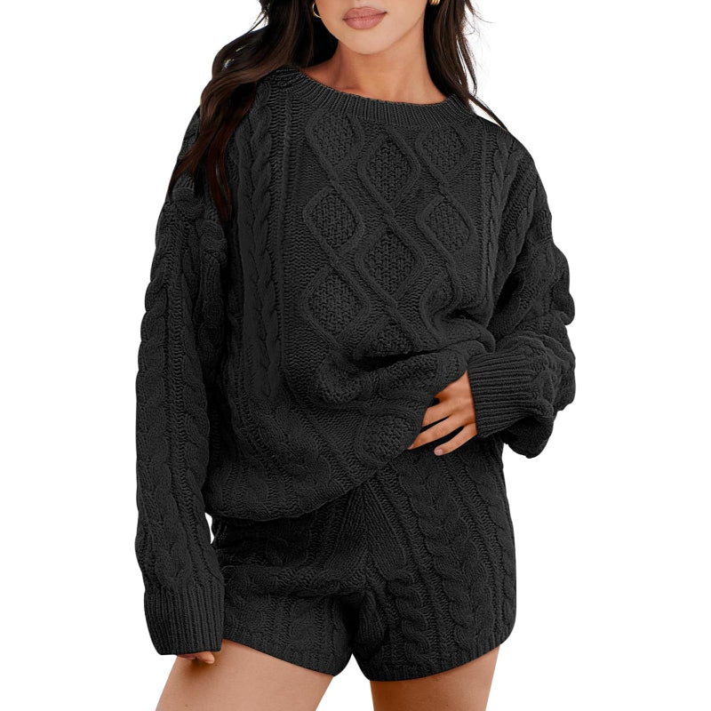 Textured Knit Two Piece Sweater And Shorts Set-My Comfy Blouse