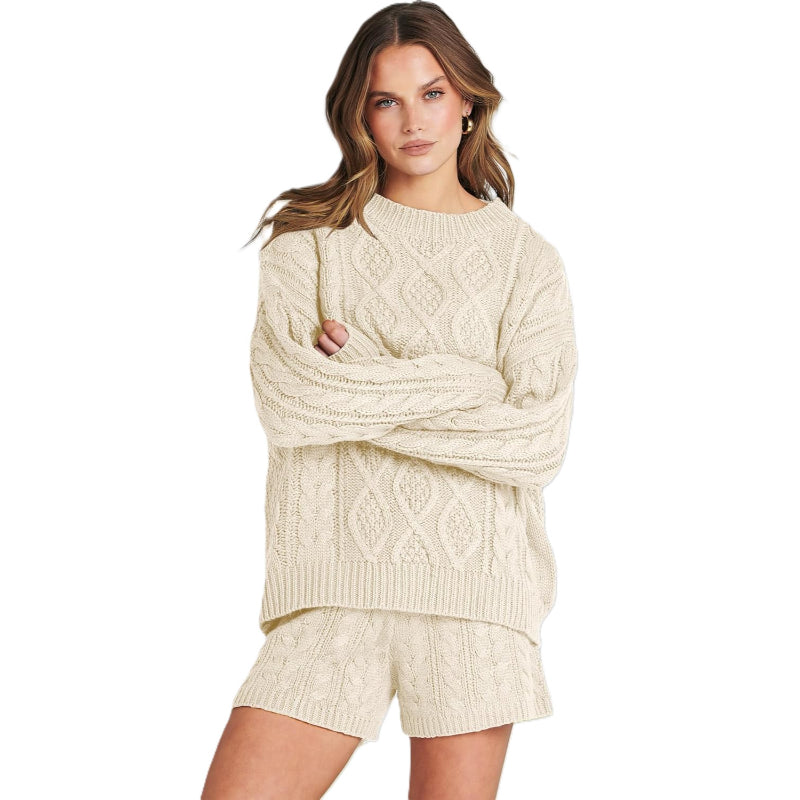 Textured Knit Two Piece Sweater And Shorts Set-My Comfy Blouse