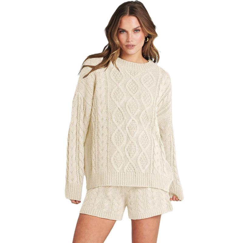 Textured Knit Two Piece Sweater And Shorts Set-My Comfy Blouse