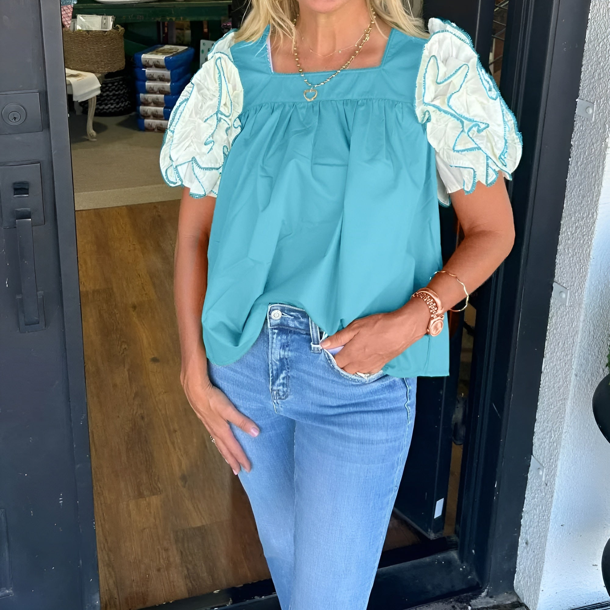 Textured Sleeve Top With Ruffle Details-My Comfy Blouse