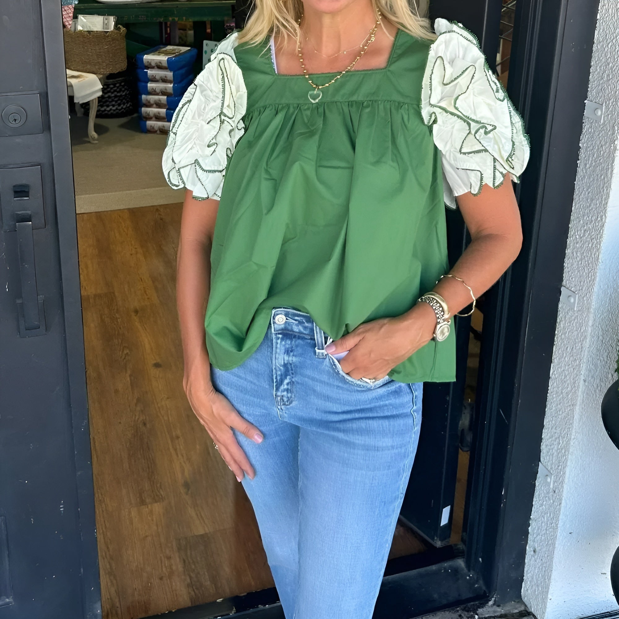 Textured Sleeve Top With Ruffle Details-My Comfy Blouse