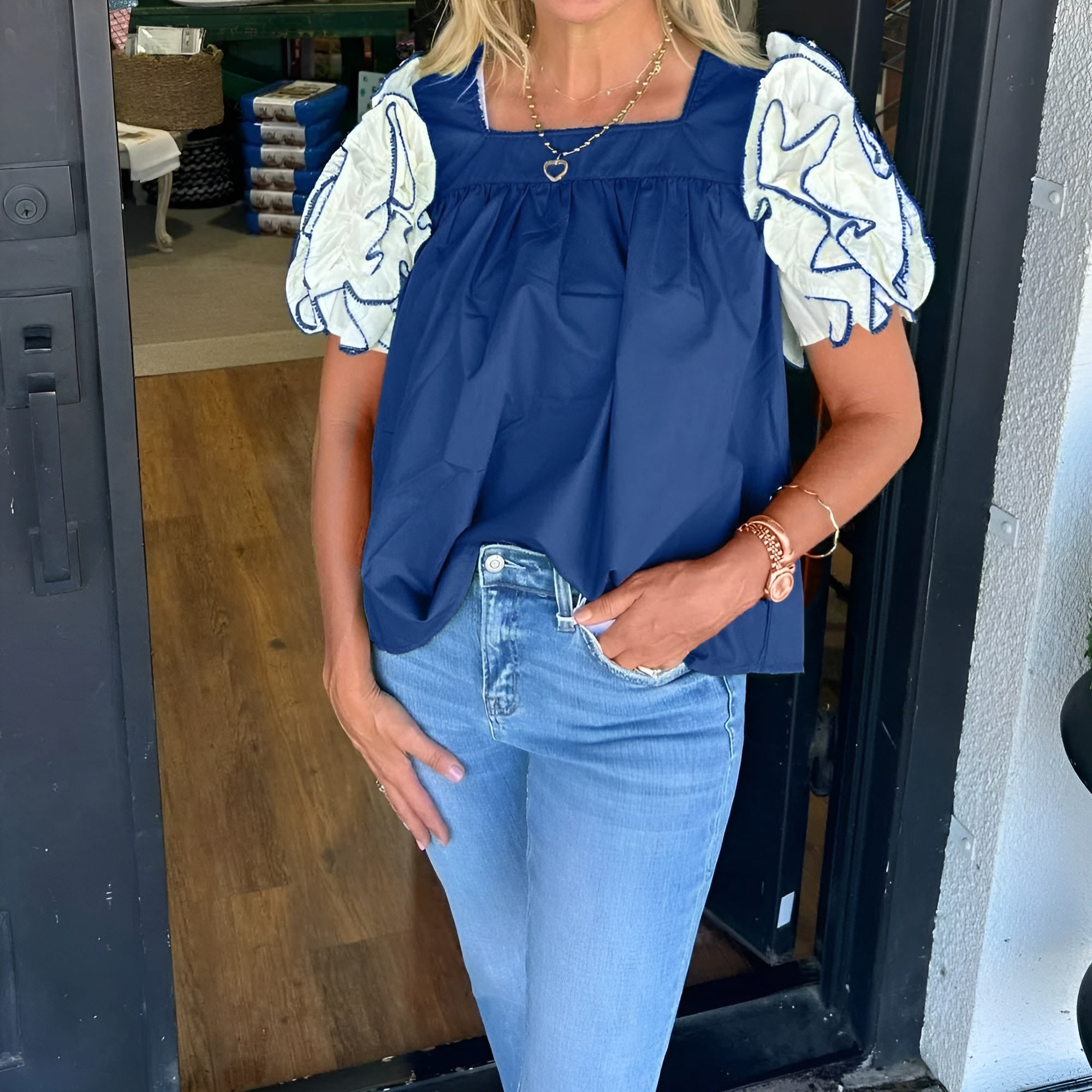 Textured Sleeve Top With Ruffle Details-My Comfy Blouse