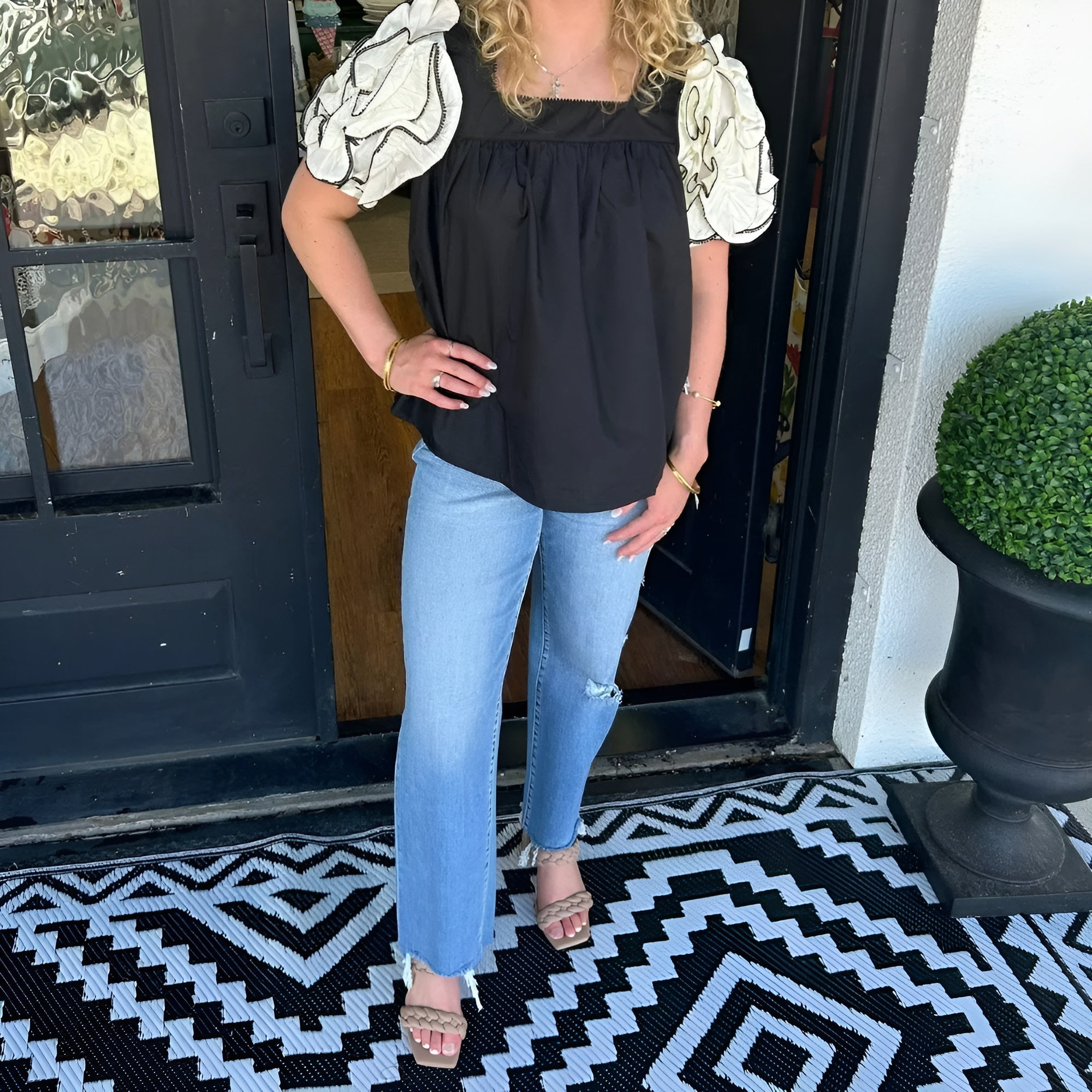 Textured Sleeve Top With Ruffle Details-My Comfy Blouse